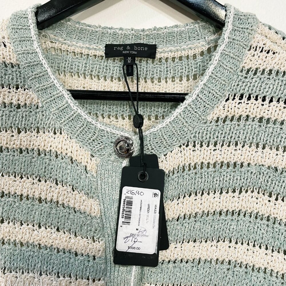 New Rag & Bone Jace Striped Cotton Lady Cardigan Green Cream M $398 - Picture 6 of 8